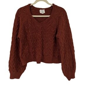 Hippie Rose Sweater Large Rust Brown Cable Knit V-Neck Cropped Fall Sweater Boho